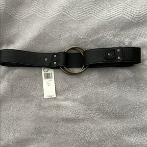 NWT Eileen Fisher Black Wide Leather Belt with Double Ring Buckle